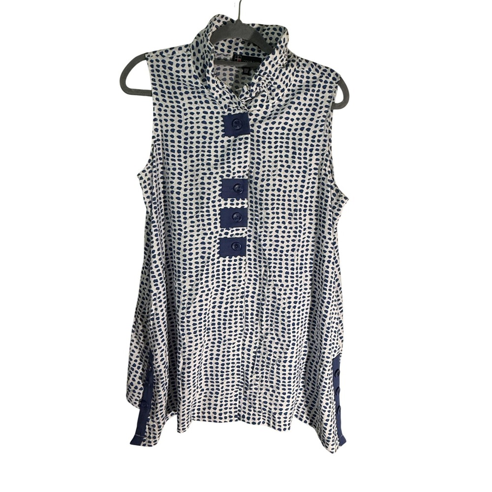 Carre‎ Noir Womens Blue White Abstract Dot Sleeveless Tunic Top Ruffle Neck L